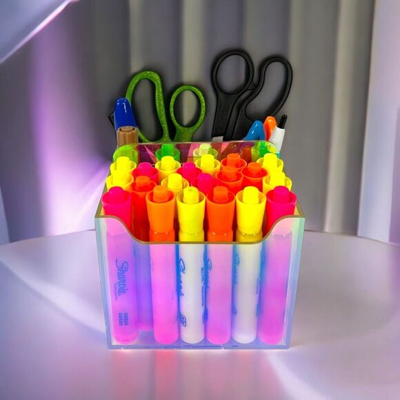 Clear Iridescent Rotating Desk Organizer Pen, Brush, Makeup, Remote Holder 5x5" - Picture 3 of 16